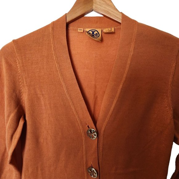 Tory Burch Boyfriend Simone Cardigan Orange 100% Wool XS Logo Buttons‎ - Picture 7 of 16